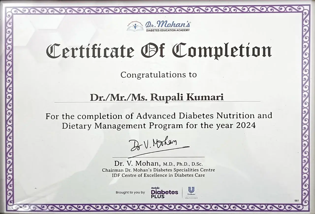 Certificate: Advanced Diabetes Nutrition and Dietary Management