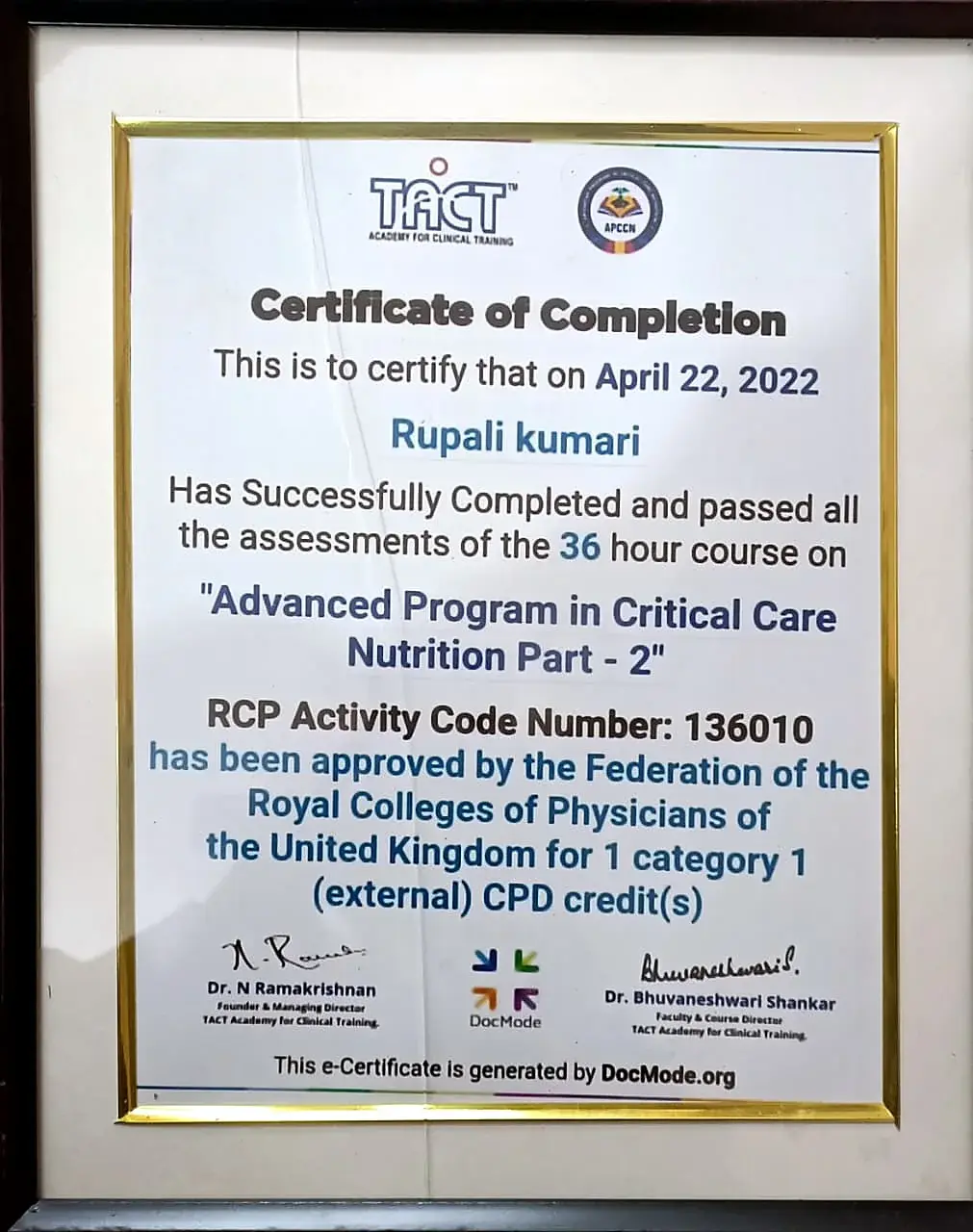 Certificate: Advanced Program in Critical Care Nutrition, Part 2