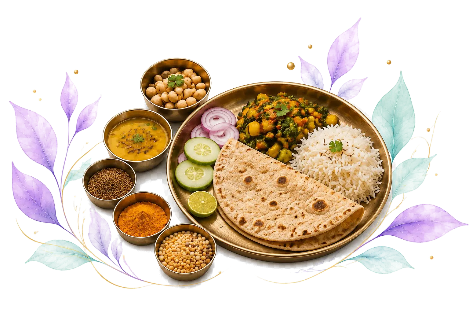 A balanced Indian thali of dal, sabzi, rice, roti and spices